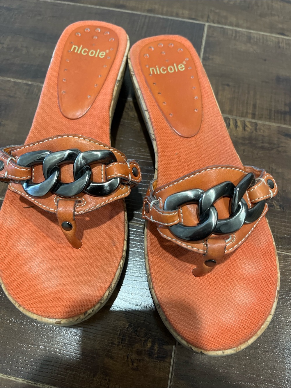 Nicole Orange Chain-Accent Wedge Sandals